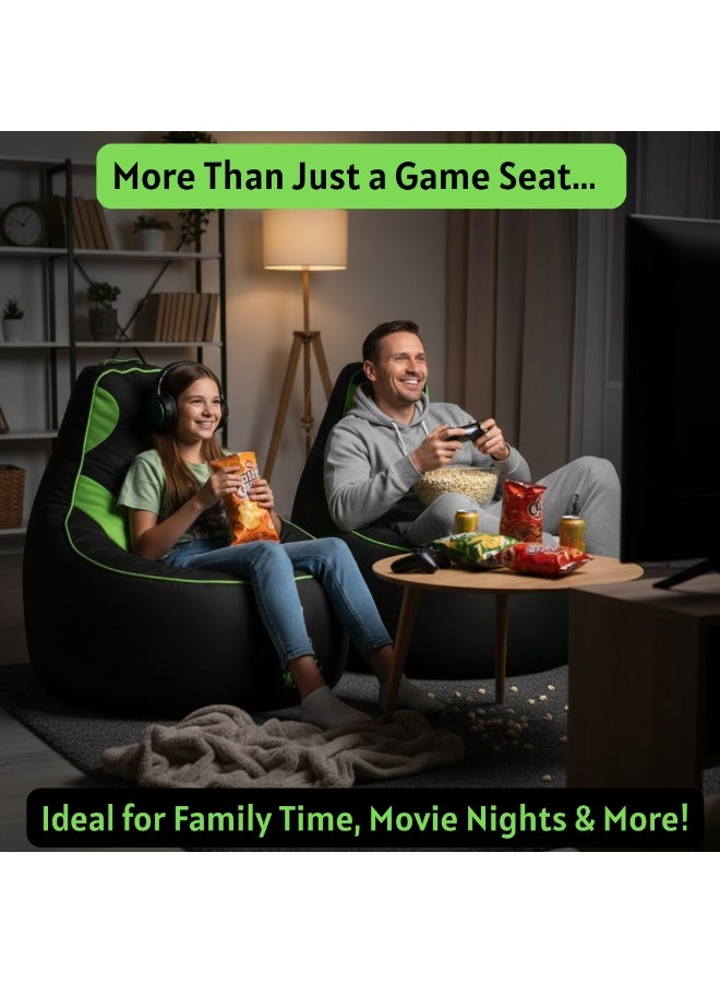 VELMORE Gaming Bean Bag Chair Cover ONLY – NO FILLING / WITHOUT BEANS | High-Back Quilted Seat, Side Pockets, Headphone Hanger & Water-Repellent Fabric - Green - Image 3